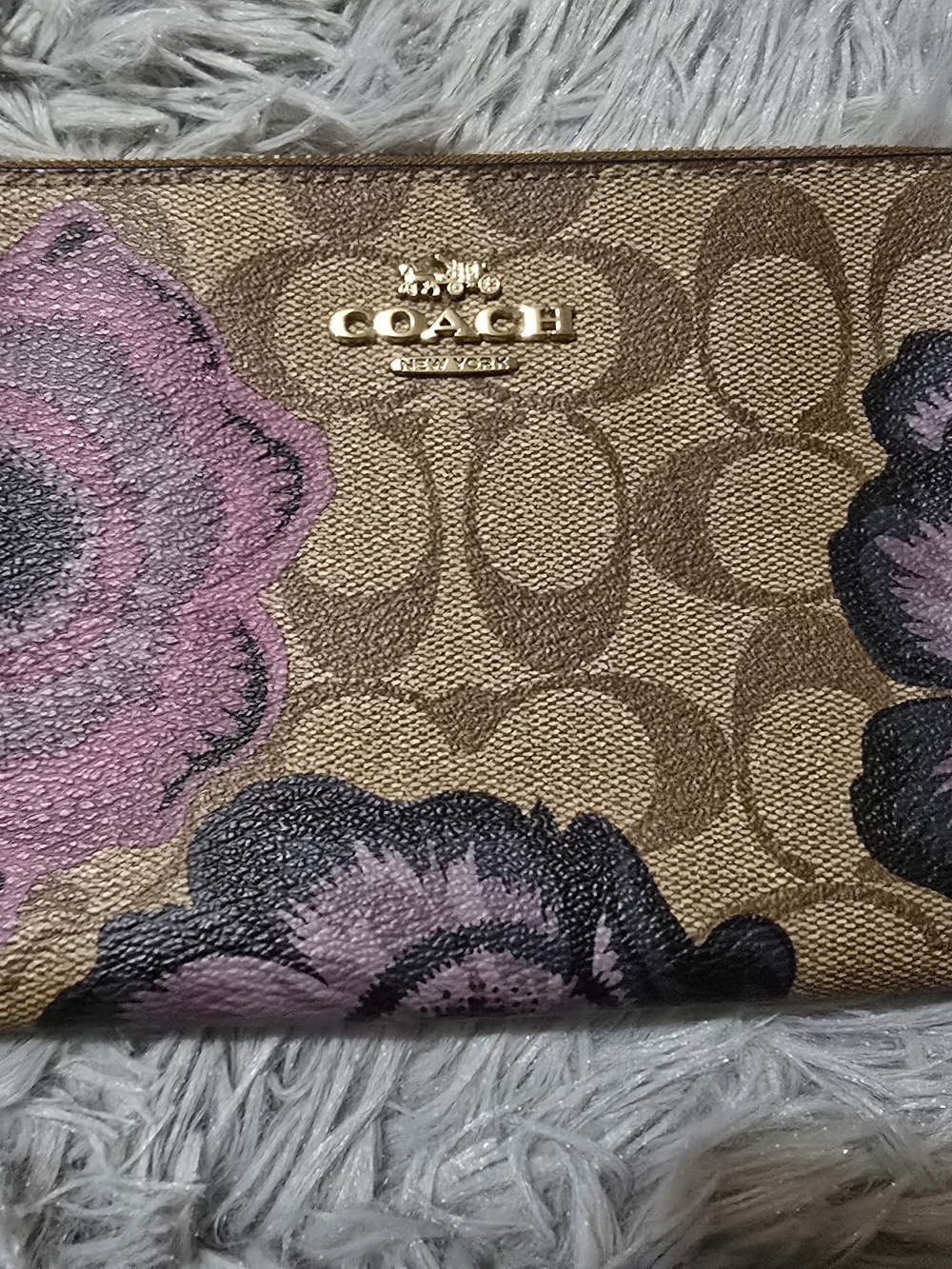 Coach Tan Signature Floral Wallet with Pink and Black Flowers